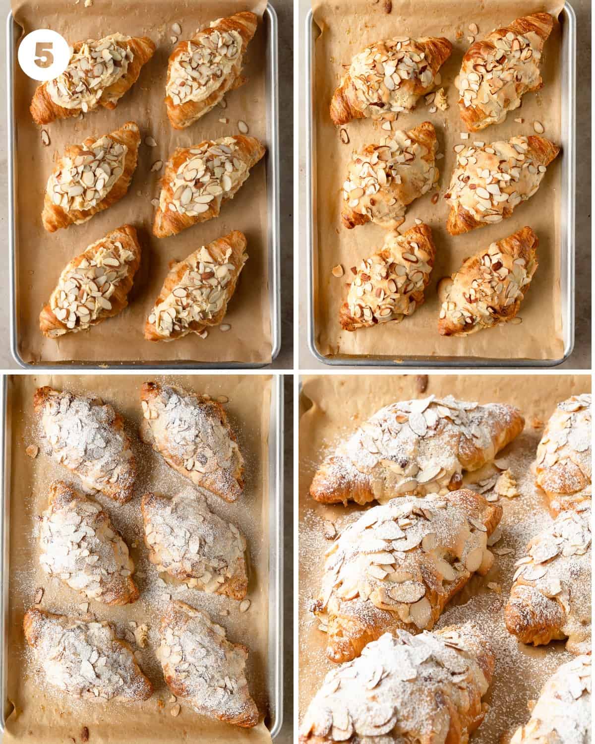 Bake the french bakery style almond croissants for 15 -18 minutes or until the almond filling is set and golden brown. Cool the almond filled croissants on the baking sheet for 3 - 4 minutes. Dust with powdered sugar and serve. 