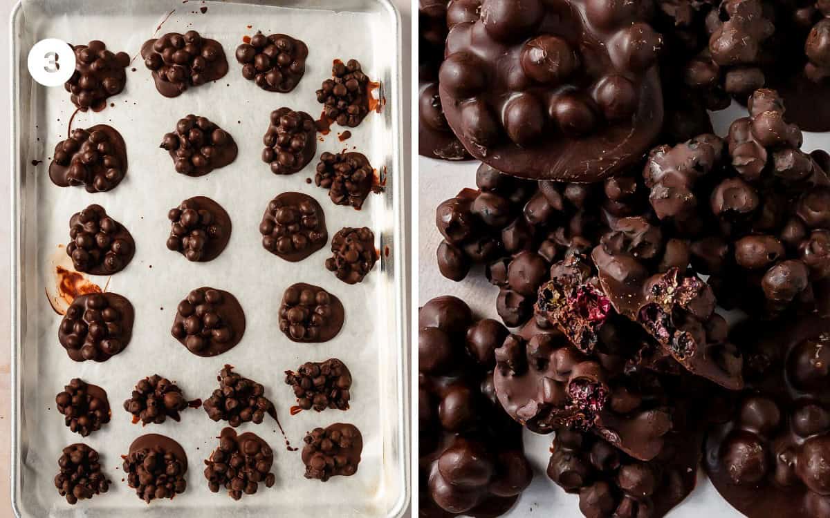 Transfer the chocolate covered blueberry clusters to the fridge or freezer to set. The blueberry chocolates need about 15 minutes to set in the freezer and 30 minutes to set in the fridge. 
