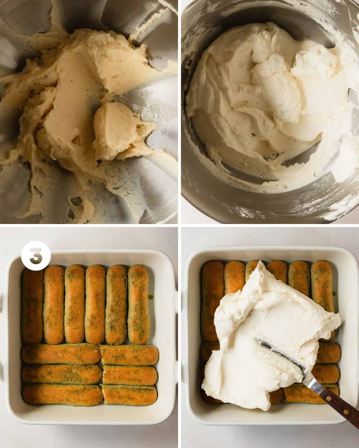 Assemble the matcha tiramisu. Use an 8 x 8 (20 cm) pan to assemble the tiramisu. Quickly dip one ladyfinger at a time into the prepared matcha tea. Layer them on the bottom of the pan. Continue until the there is a single layer of matcha tea dipped ladyfingers across the pan. Evenly top the ladyfingers with the creamy mascarpone cream. Repeat layering the lady fingers and mascarpone filling 1 more time, ending with the mascarpone.