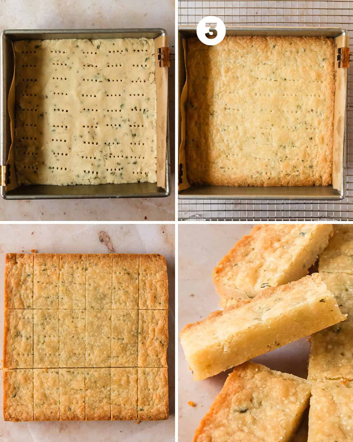 Bake the rosemary shortbread for 25 - 30 minutes or until the edges are a light golden brown. Cool the shortbread rosemary bars in the pan for 30 -45 minutes. Using the excess parchment, gently lift the shortbread out of the pan, slice into your desired number of pieces and enjoy.