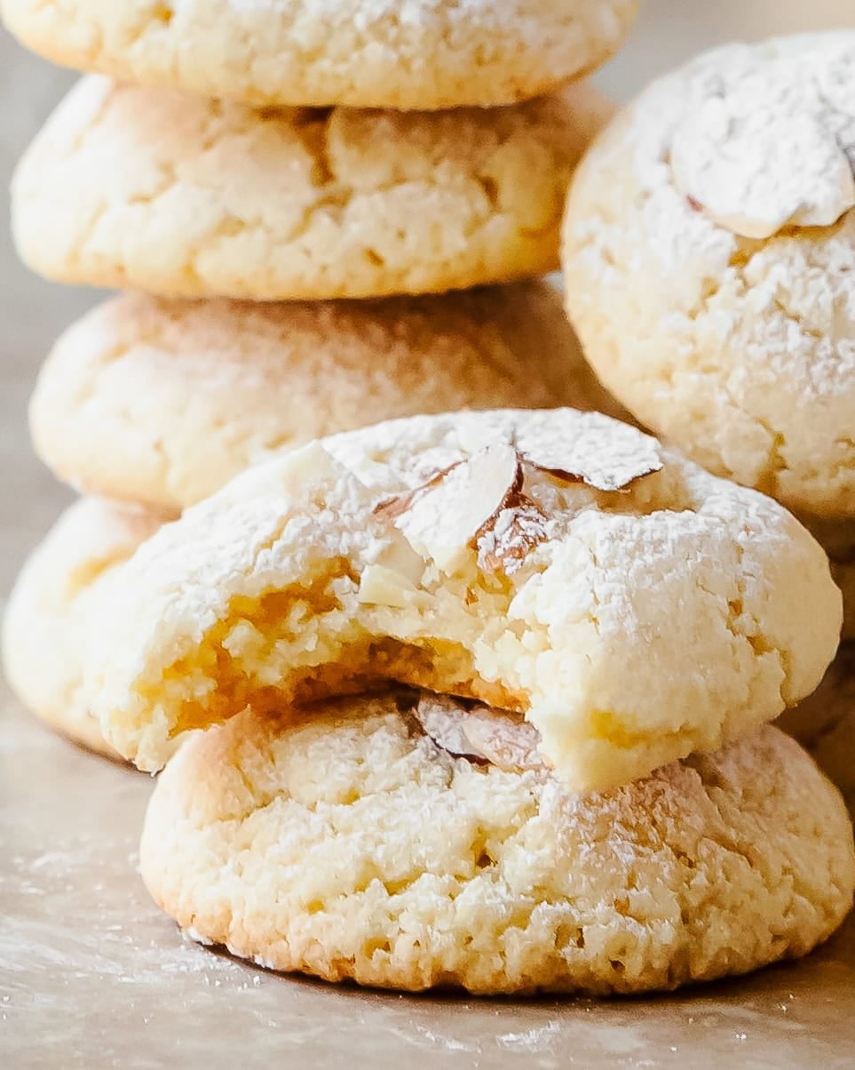 Almond Cookies with a bite taken out.