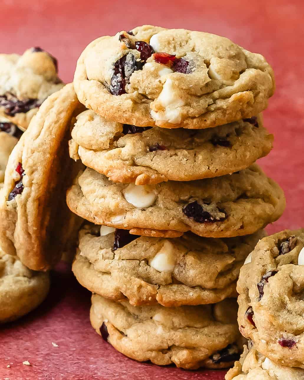 White Chocolate cranberry cookies in a stack.