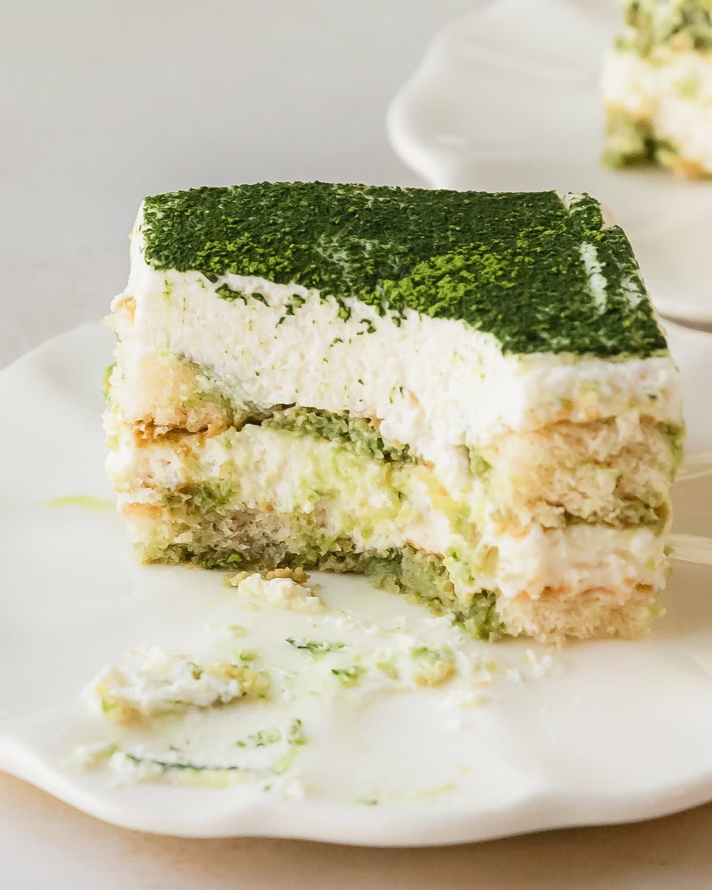 Inside a slice of matcha tiramisu