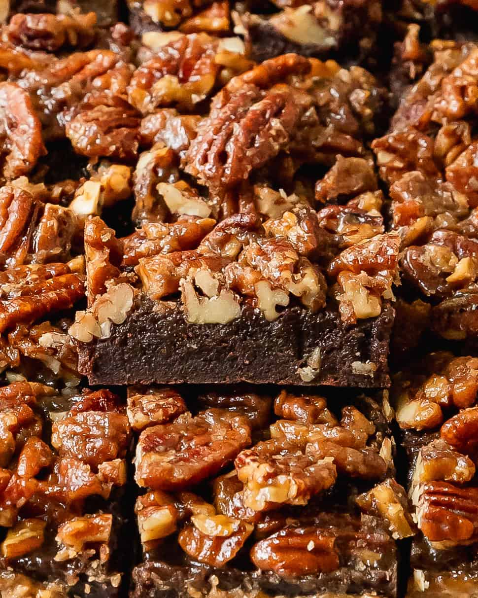 Direct picture of pecan pie brownie slice.