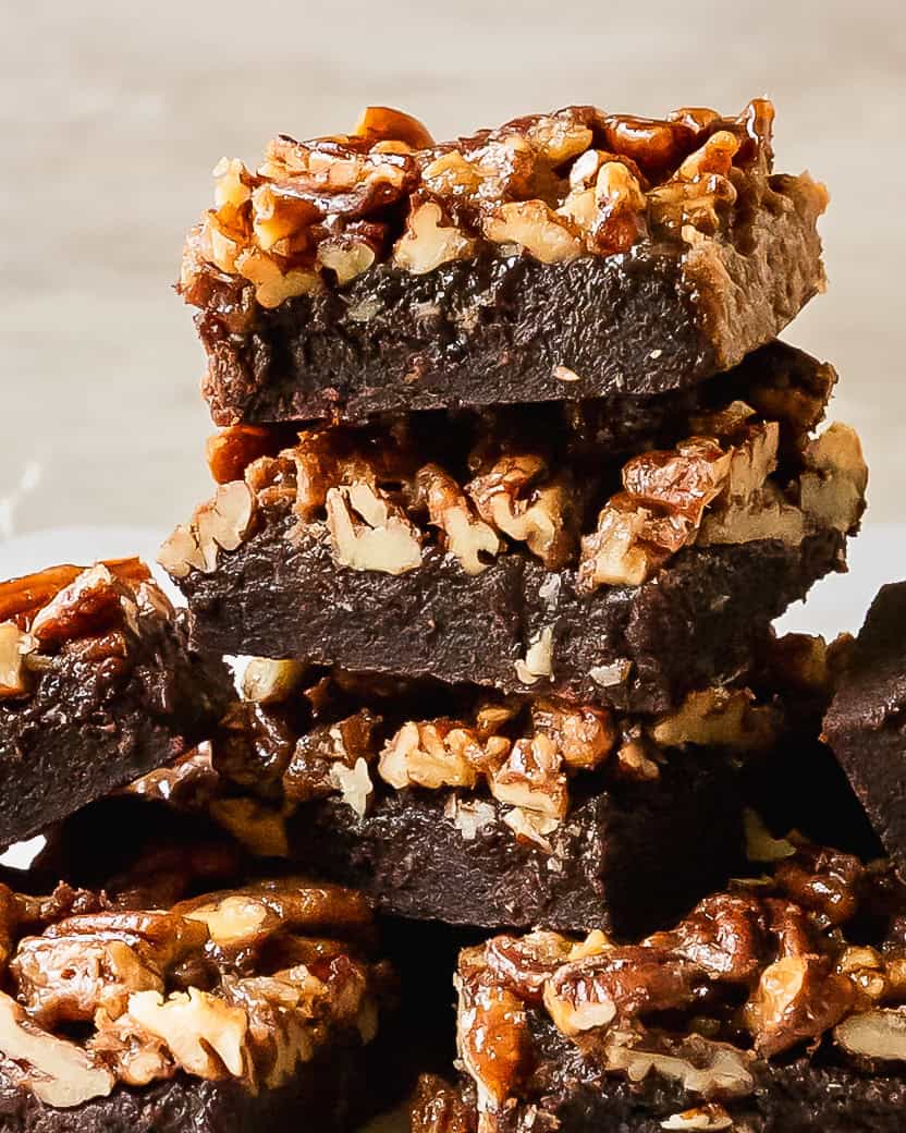 Stack of pecan pie brownies.