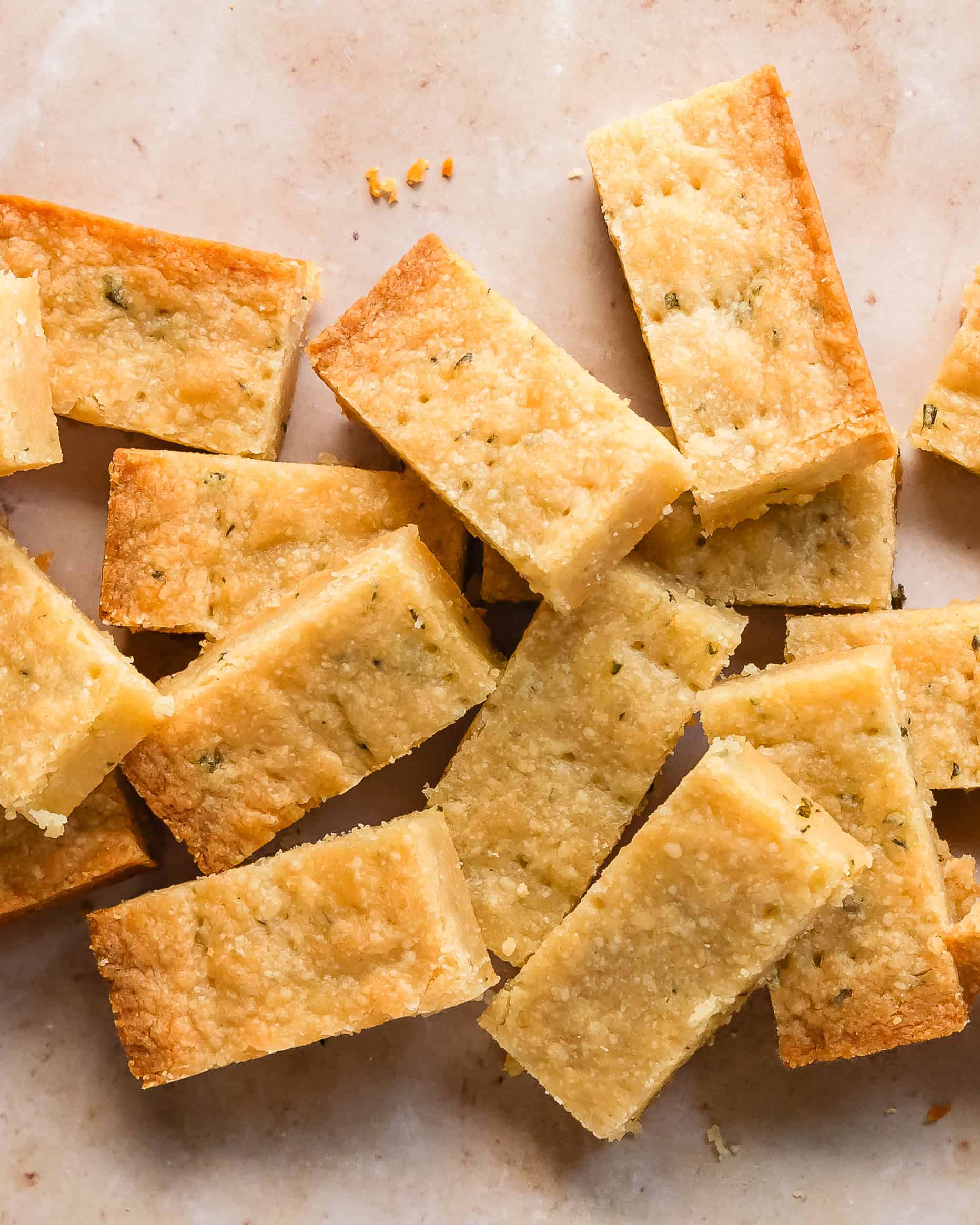Rosemary shrobread cookies cut into bars.