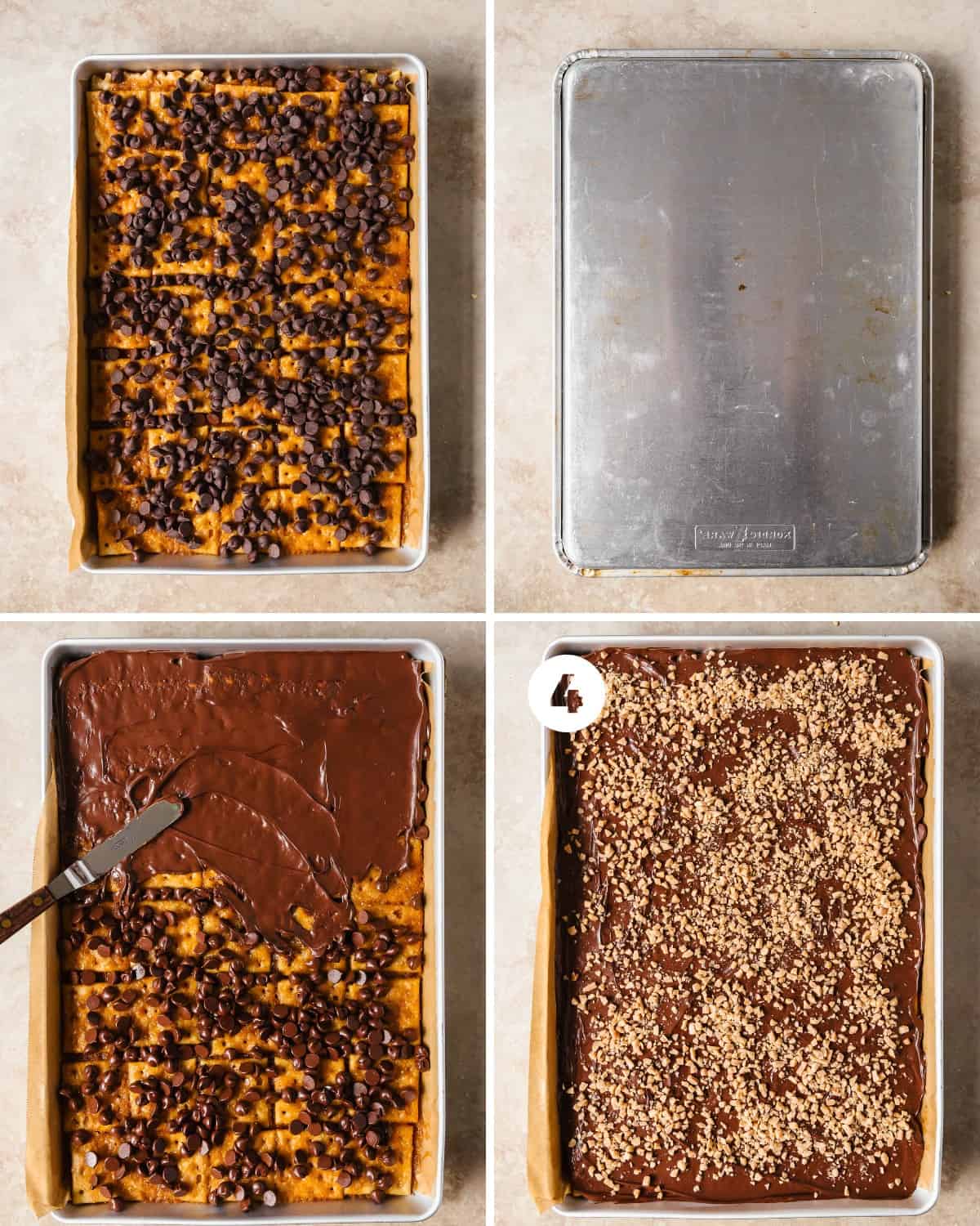 Top the hot caramel with chocolate chips. Cover the entire baking sheet with another larger or equally sized baking sheet and allow the heat to melt the chocolate chips. This takes about 5 minutes. Smooth the melted chocolate into a layer across the caramel saltine crackers. Top the melted chocolate with your preferred candy, sprinkles, crushed cookies or nuts or toffee bits.Allow the Christmas crack to fully cool and set overnight on the counter or for 2 hours in the fridge. Once the crack candy has set, break or cut the saltine candy into your preferred number of pieces and enjoy.