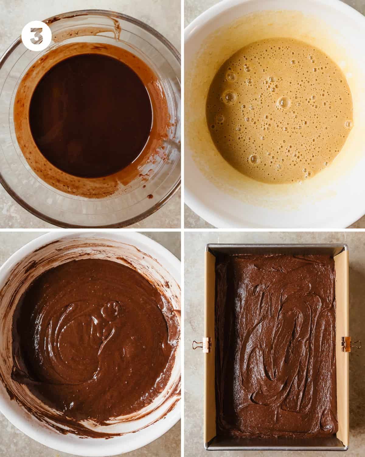 Make the brownie layer. In a microwave safe mixing bowl add the butter and 1 cup of chocolate chips. Heat in 30 second increments, stirring after each until the butter and chocolate are fully melted and mixed together. Whisk in the espresso powder and set aside for a moment. In another mixing bowl whisk the eggs, sugar, light brown sugar, vanilla extract and salt until smooth and well combined. Whisk in the melted chocolate and butter mixture until smooth and well combined. Whisk in the cocoa powder and flour until smooth and glossy.