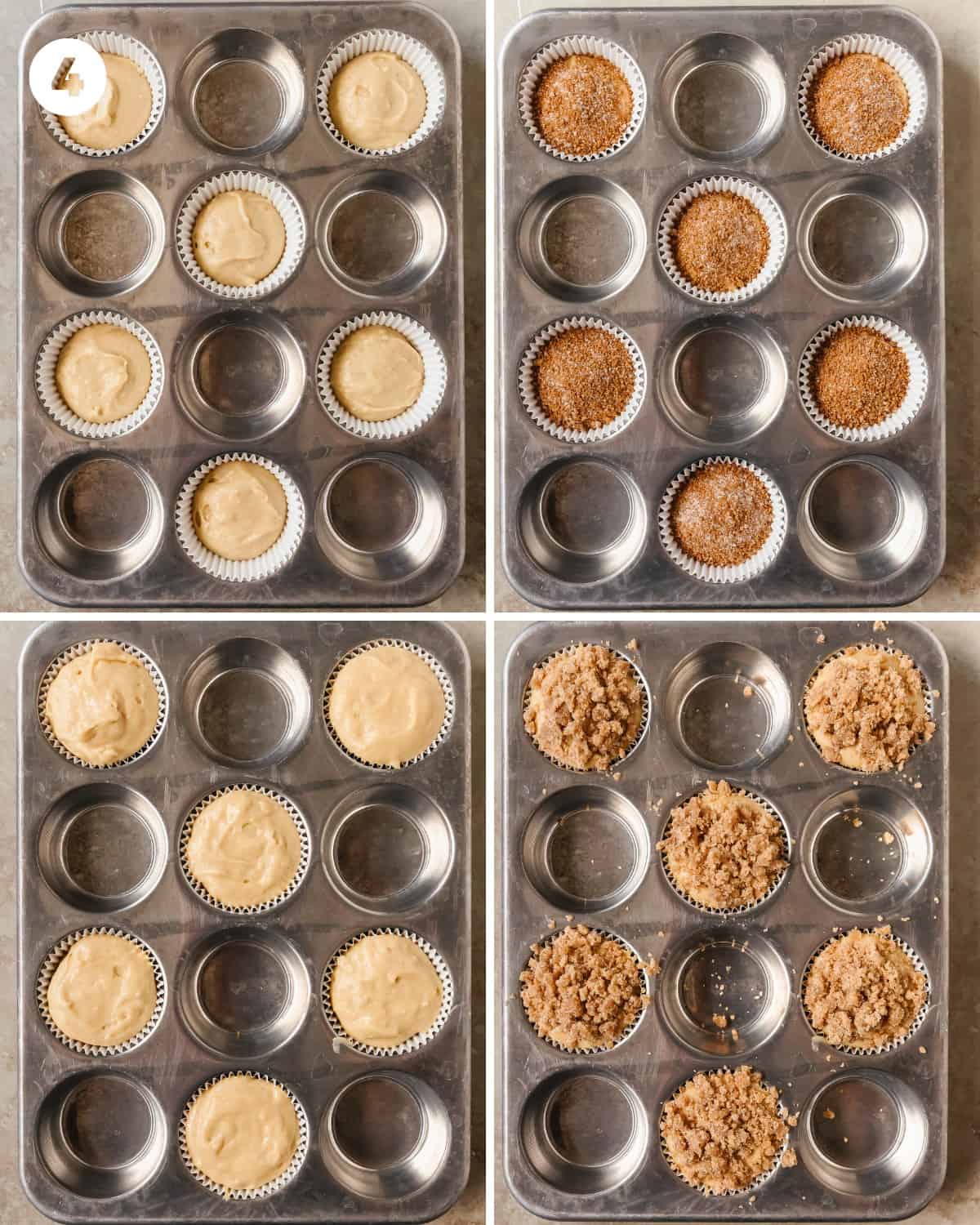 Assemble the muffins. Scoop the vanilla muffin batter into each of the cupcake liners. Fill the cupcake liners ab0ut half way. Top the muffin batter with the cinnamon swirl. Top the cinnamon swirl with more muffin batter, followed by the crumble topping.