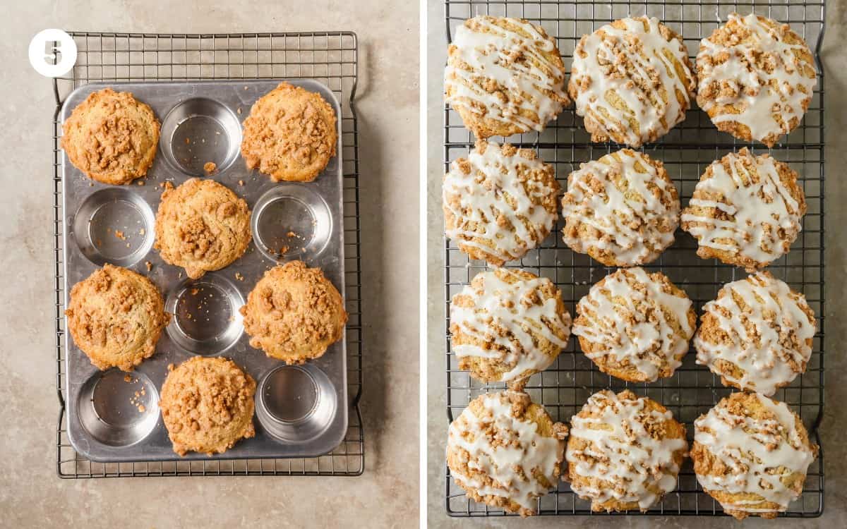 Bake the muffins for 20 -22 minutes or until a toothpick inserted into the center comes out clean or with a few moist crumbs. Cool the muffins in the pan for about 10 minutes. Remove the muffins from the pan to a cooling rack. Top the coffee cake muffins with powdered sugar or with the vanilla glaze. To make the glaze whisk the powdered sugar with vanilla extract and milk until smooth and well combined.