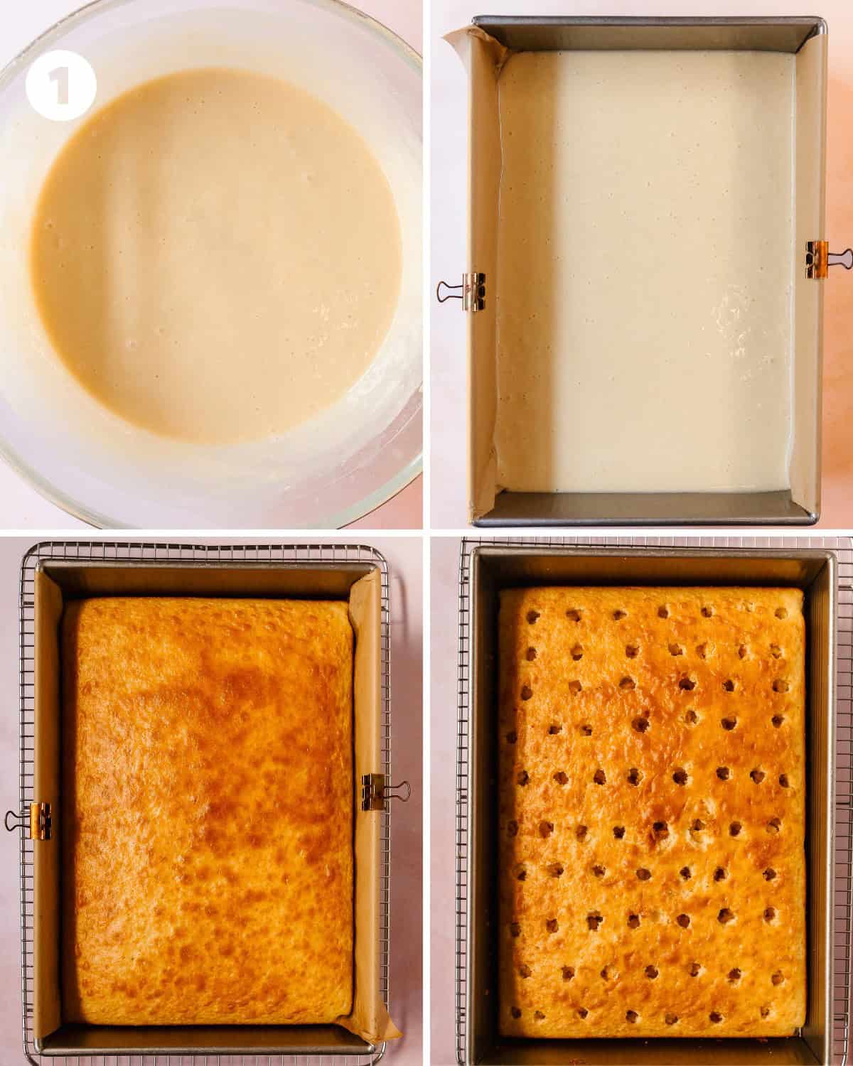 Preheat the oven to 350 F (177 C). Lightly grease and line the bottom and long sides of a 9 x 13 inch cake pan with parchment paper. In a large mixing bowl, whisk the oil, eggs, water and cake mix until well combined. Pour the white cake into the prepared cake pan. Bake for 20 - 25 minutes or until a toothpick inserted into the center comes out with a few moist crumbs. Cool the cake in the cake pan for 30 minutes. Using the parchment paper, gently lift the cake out of the pan, remove the parchment paper and return the cake to the pan. After returning the cake to the pan, use the end of a wooden spoon or a large skewer to poke holes into the cake. Set the cake aside for now.