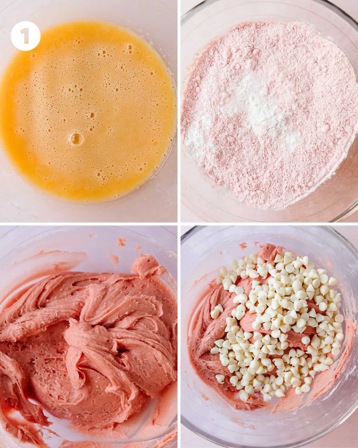 In a large mixing bowl whisk the melted butter and sugar until smooth and well combined. Whisk the eggs and vanilla extract together until well combined. Sift the strawberry cake mix, cornstarch, and salt on top of the wet ingredients. Stir the ingredients together until well combined. Fold in the white chocolate chips.