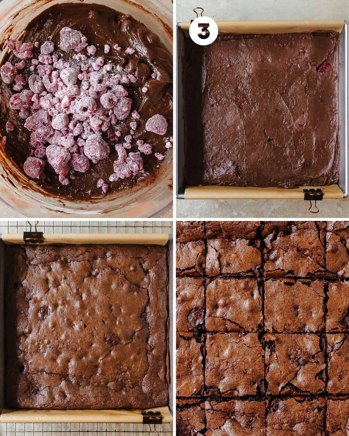 Evenly pour or scoop the brownie batter into the prepared pan. Bake the raspberry brownies for 25 -30 minutes for fresh raspberries and up to 35 minutes for frozen raspberries. Remove the brownies to cool at room temperature for 1 hour. Cover and transfer the brownies to the fridge to chill and fully set for 1 - 2 hours in the fridge. When it’s time to serve, use the parchment overhang to remove the brownies from the pan, slice and enjoy.