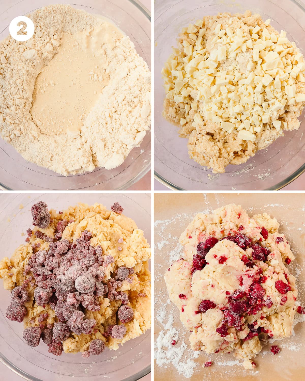 In a separate bowl, lightly whisk an egg to smooth. Then whisk in the heavy cream and vanilla extract until well combined. Form a little well in the center of the flour and butter mixture. Pour ½ of the wet ingredients into the dry and gently incorporate. Repeat with the remaining wet ingredients into the dough. Fold in the white chocolate chips or chunks. Gently mix in the fresh or frozen raspberries. Mix until the dough just comes together. There should be a few stray pieces of the dough. Try to mix everything in as gently as possible, knowing that some raspberries will burst. That’s ok and will bake up beautifully.