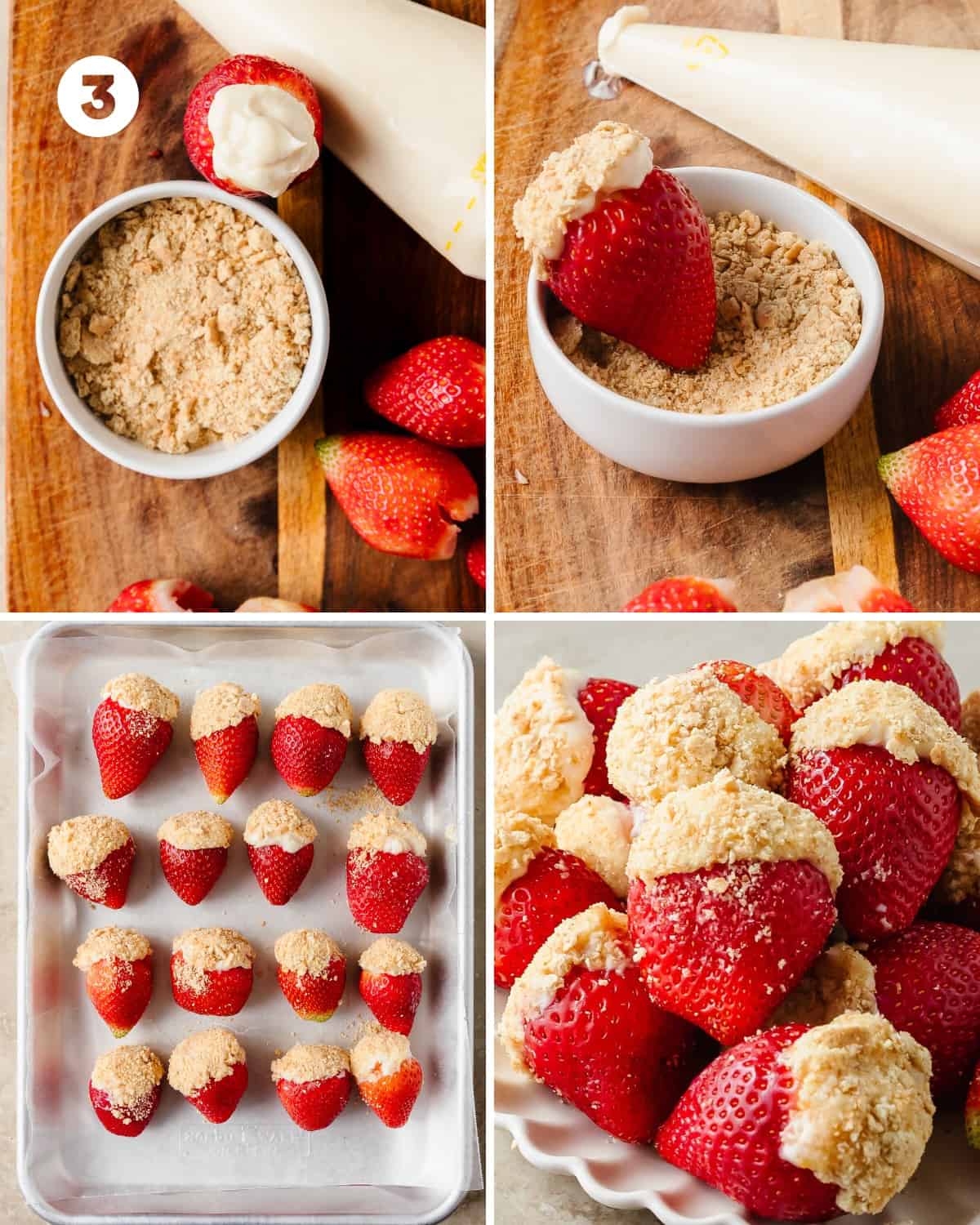 Pipe the cheesecake filling into the strawberries. If you like, create a decorative "swirl" on top of the strawberries. Sprinkle with the crushed graham crackers. Place the prepared cheesecake strawberries onto a large plate or small lined baking sheet. Repeat until all the strawberries are made. Enjoy right away or cover and chill the strawberries until ready to serve.