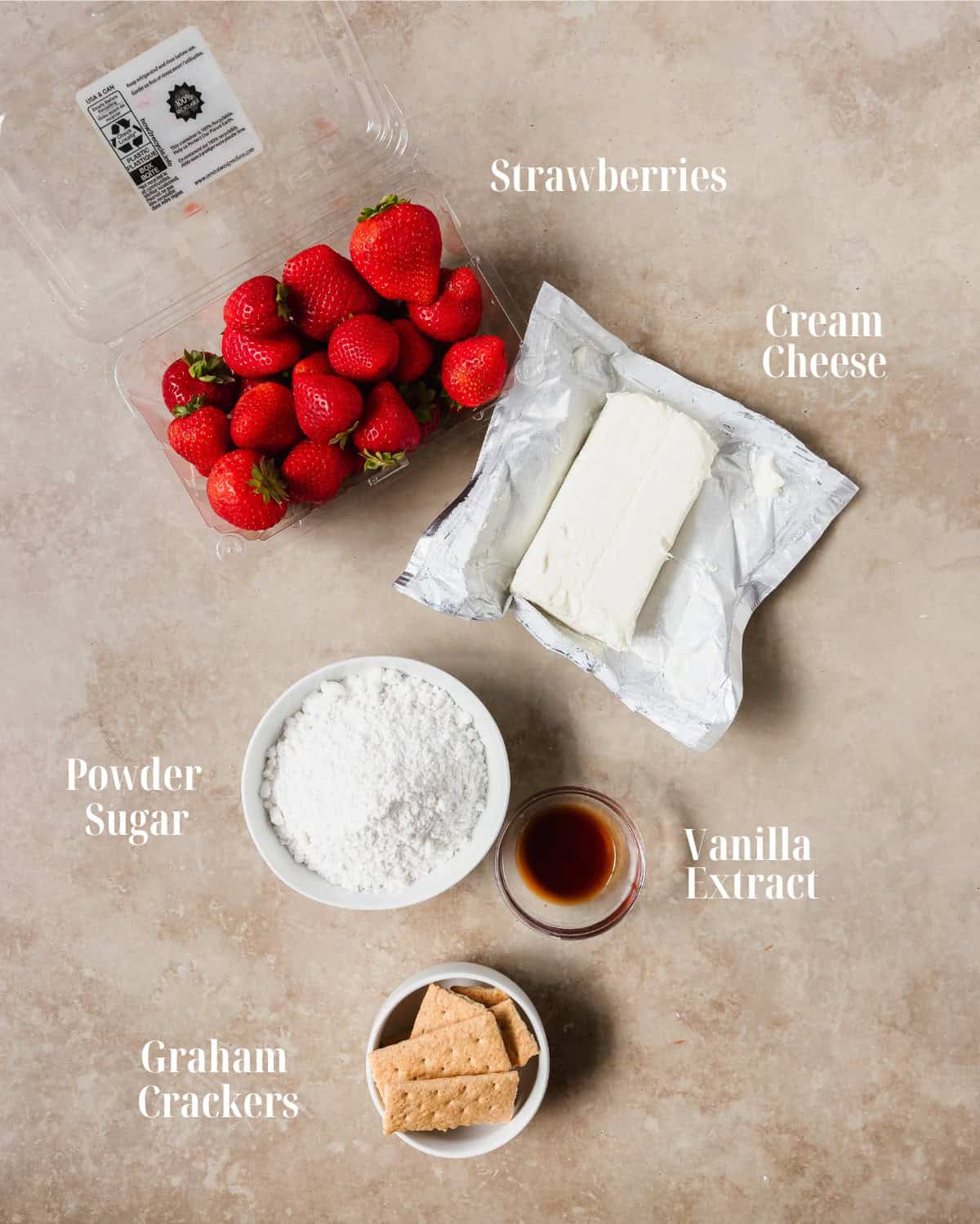 Ingredients: Gather strawberries, cream cheese, powdered sugar, vanilla extract and graham crackers.