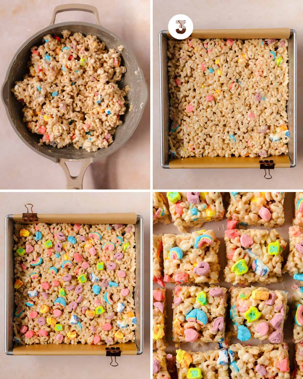 Evenly scoop the soft and gooey Lucky Charms cereal treats into the prepared pan. Gently press the lucky charm rice crispy treats into place. Top the treats with the reserved Lucky Charms marshmallows. Allow the treats to set for at least 30 minutes. Slice and enjoy.