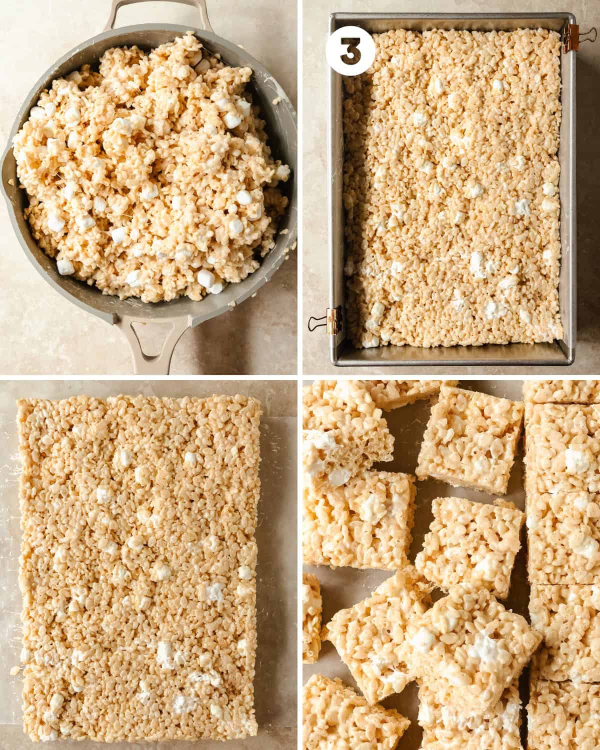 Evenly scoop the gooey and nutty cereal treats into the prepared pan. Gently press the browned butter rice crispy treats into place. Allow the treats to set for at least 30 - 60 minutes, then slice and enjoy.