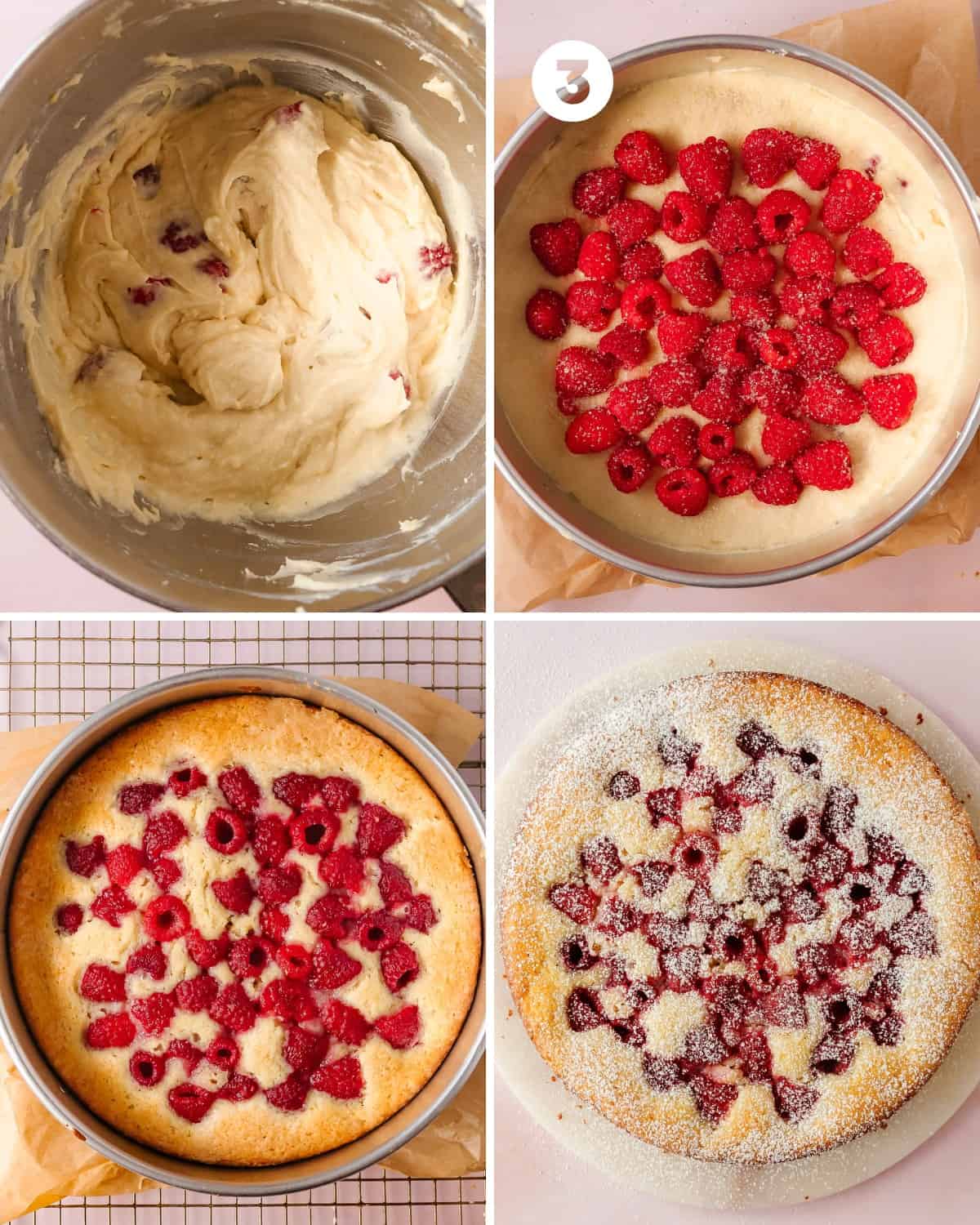 Evenly spread the buttery raspberry cake batter into the prepared pan. Top with the cake with reserved raspberries and 1 - 2 tablespoons of sugar if you like. Bake the raspberry filled cake for 45 - 55 minutes or until a toothpick inserted into the center of the cake comes out clean. Cool the cake pan in the pan for 10 - 15 minutes. Gently remove the cake from the pan and allow it to cool for 10 - 15 additional minutes. Transfer the sweet raspberry cake to a serving plate, top with powdered sugar, slice and enjoy.