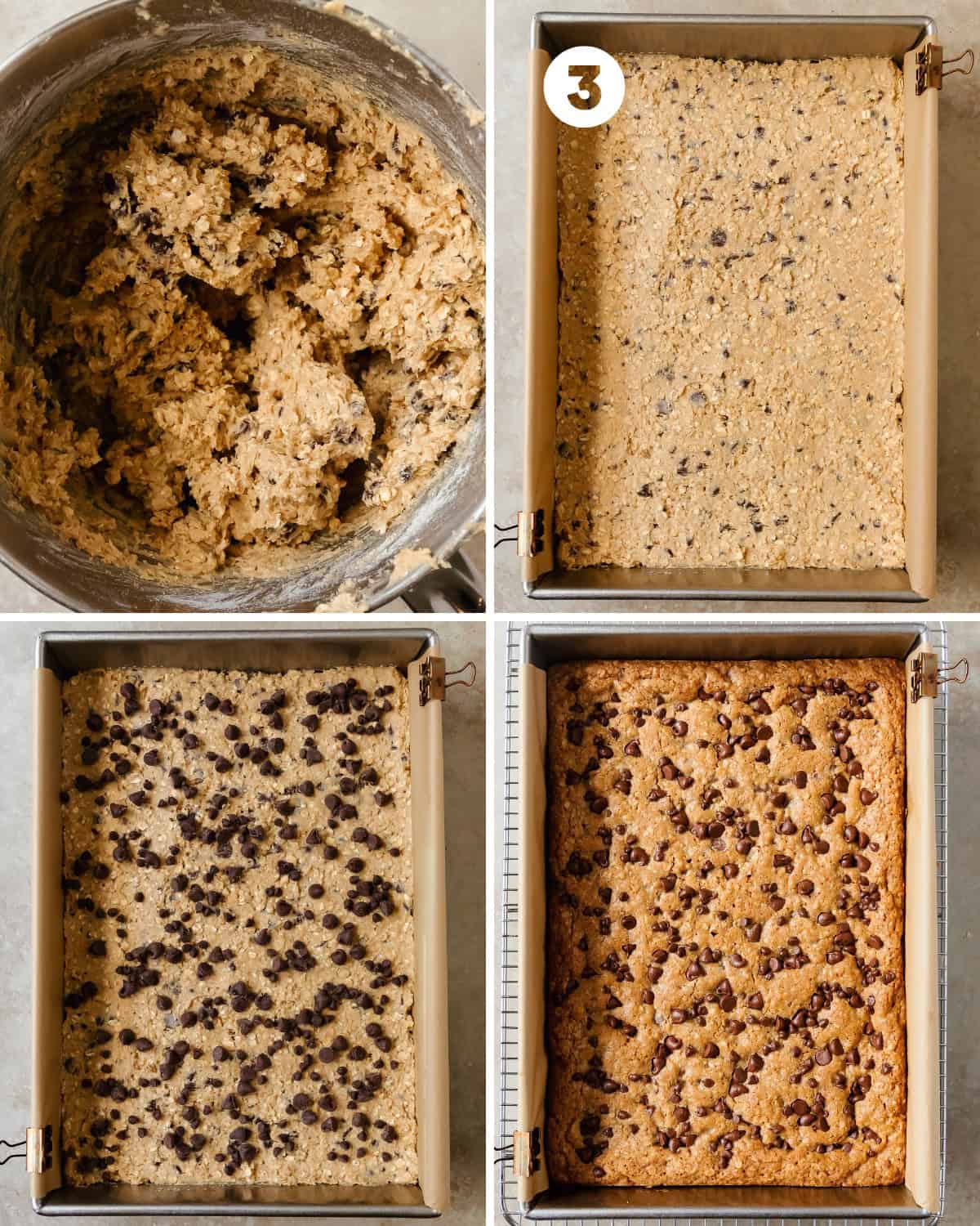 Press the chocolate chip oat dough into the prepared pan. Use a flexible spatula to smooth the dough evenly across the pan. Top with the reserved chocolate chips. Bake for about 25 - 30 minutes or until the edges of bars are a light golden brown, slightly puffed up and the edges are slightly pulled away from the sides of the pan. Cool the oatmeal chocolate chip cookie bars in the hot pan until room temperature. This takes about 45 - 60 minutes. When the oatmeal bars have cooled long enough to transfer out of the pan without breaking, use the excess parchment paper on the long sides of the pan and gently lift the bars out of the pan and to cool on a cooling rack, then slice and enjoy.