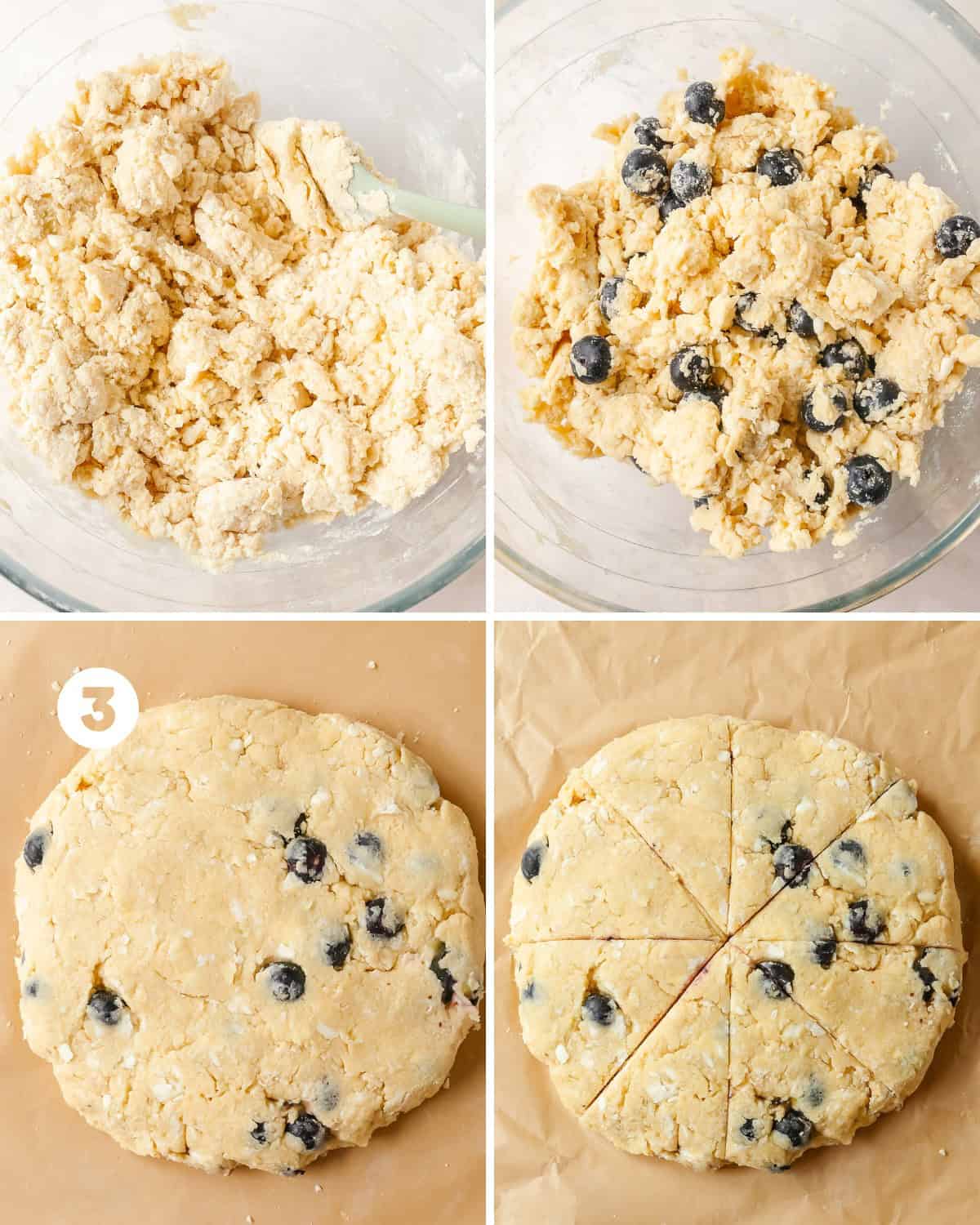 Transfer the blueberry scone dough onto a lightly floured surface and gently shape the dough into a ball. Gently knead the scone dough by pressing down on the dough from middle to edges to form a disk. Fold in half. Repeat gently pressing the dough back into a round disk. Shape into a 7 - 8 inch disk that’s about 1 inch thick. Place the disk onto a parchment lined baking sheet or plate to chill in the freezer for 20 - 30 minutes. While the scones chill in the freezer, preheat the oven to 425 F (218 C).