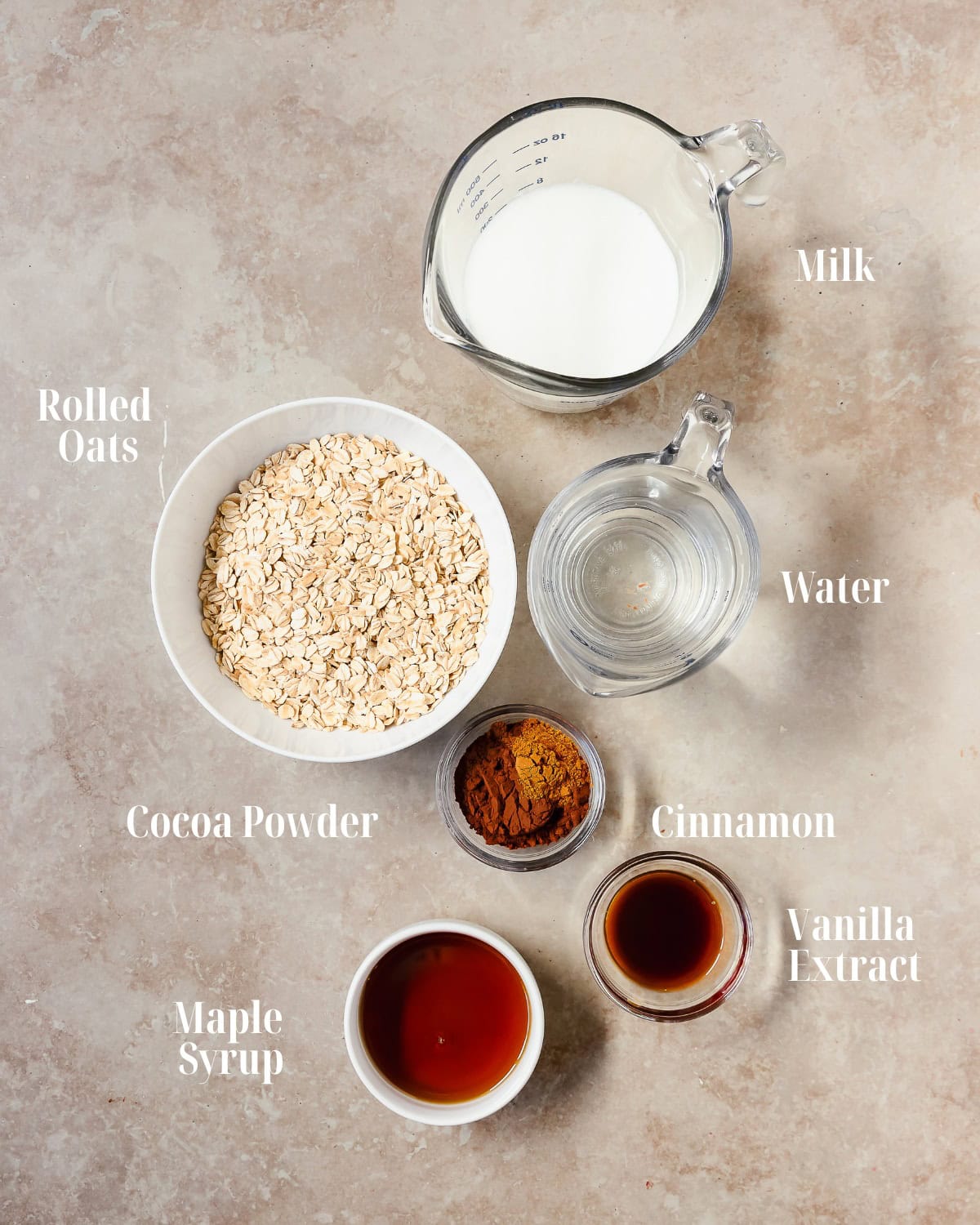 Gather milk, water, maple syrup, vanilla extract, cinnamon, salt, cocoa powder and oats.