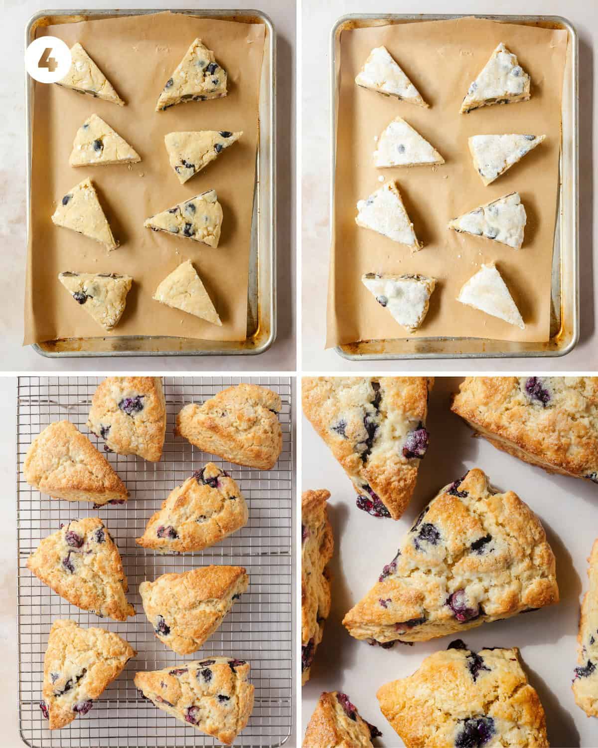 Remove the scones from the freezer and cut into 6 - 8 wedges using a dough scraper or long sharp knife. Space the scones about 2 - inches apart on a lined baking sheet. Brush the tops of the scones with the heavy cream and sprinkle with sugar if you like. Bake in the oven at 425 F (218 C) for 14 - 18 minutes. The scones should be lightly golden brown and will be very fragrant. Allow scones to cool for 5 minutes on the baking sheet before transferring them to a cooling rack.