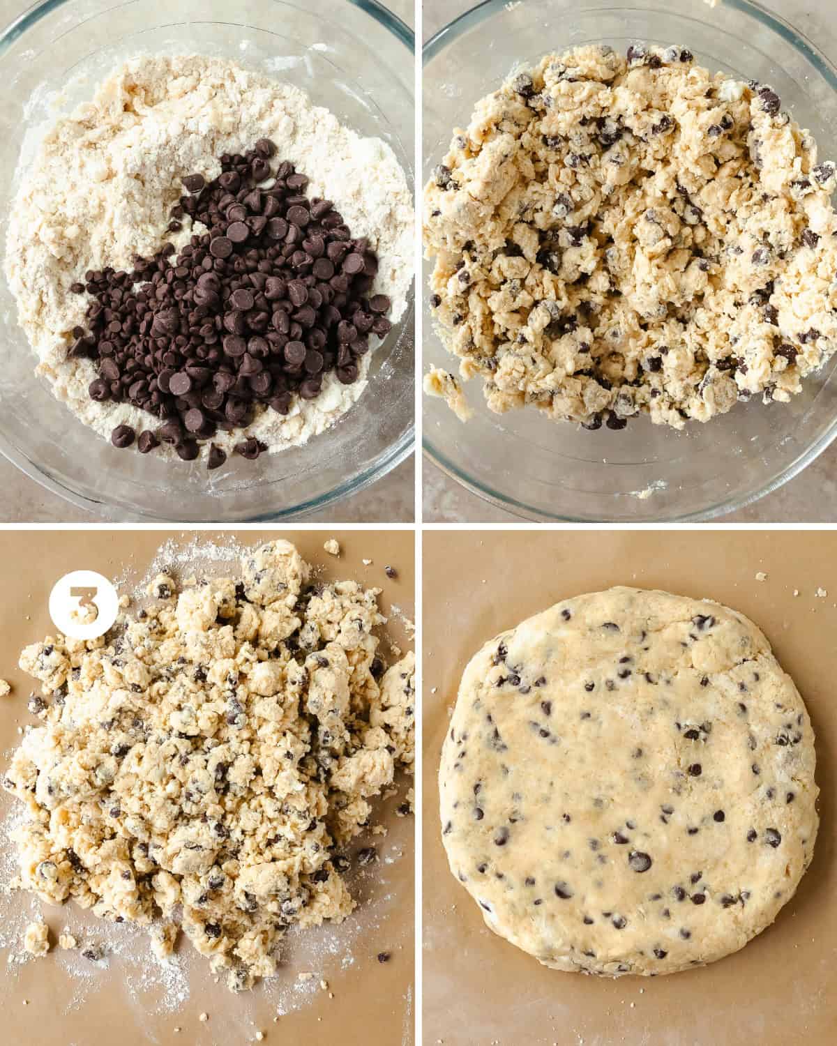 Transfer the chocolate chip dough onto a lightly floured surface and gently shape the dough into a ball. Gently knead the scone dough by pressing down on the dough from middle to edges to form a disk. Fold in half. Repeat gently pressing the dough back into a round disk. Shape into a 7 - 8 inch disk that’s about 1 inch thick. Place the disk onto a parchment lined baking sheet or plate to chill in the freezer for 20 - 30 minutes. While the scones chill in the freezer, preheat the oven to 425 F (218 C).