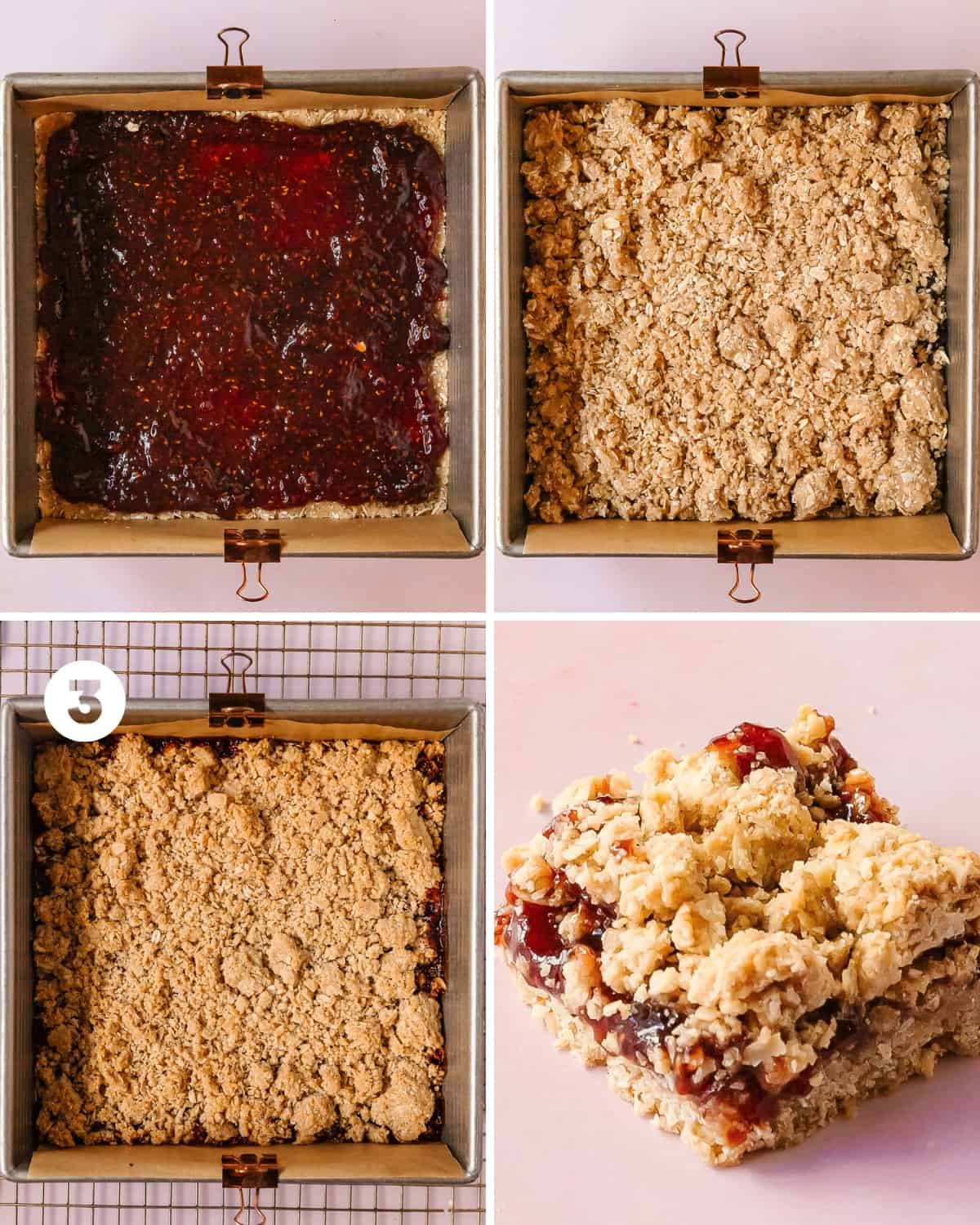 Bake the oat raspberry bars for 30 - 40 minutes or until the crust is a nice golden brown with edges of the crust pulling slightly away from the sides of the pan. The raspberry filling will thicken and bubble. Cool the crumble bars in the pan for 1 hour. If the bars are too soft to easily transfer from the pan after 1 hour at room temperature, transfer to the fridge to set for another hour. Once the bars are set, top with powdered sugar, vanilla icing drizzle or enjoy as is.