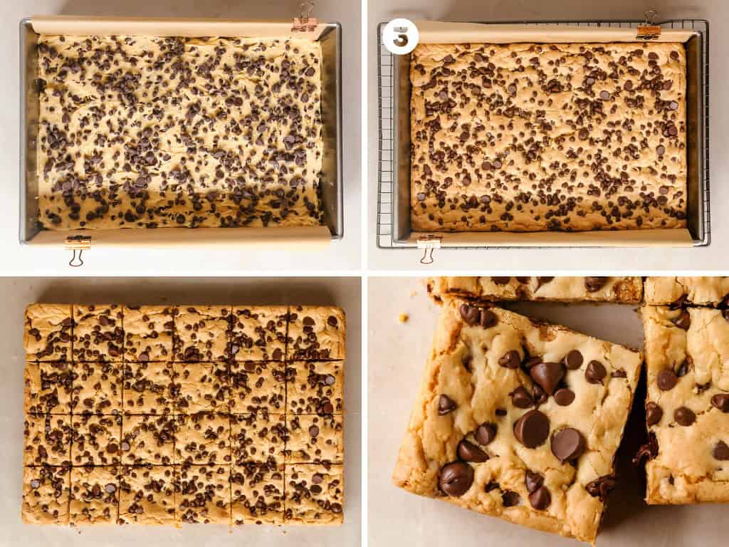 Bake for about 20 - 25 minutes or until the pan of cookies is a light golden brown and the edges are slightly pulled away from the sides of the pan. Cool the bars in the pan for about 10 minutes. Use the parchment paper to left out the cookie bars to cool to room temperature, slice and enjoy!