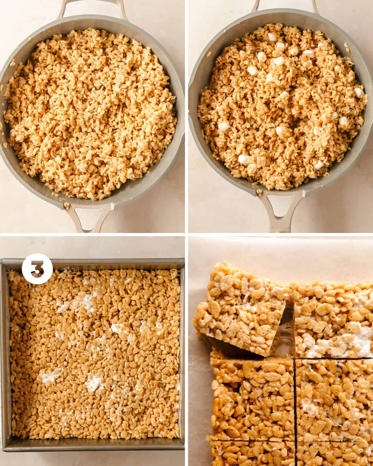 Evenly scoop the gooey and nutty cereal treats into the prepared pan. Gently press the peanut butter rice crispy treats into place. Allow the treats to set for at least 30 - 60 minutes, then slice and enjoy.