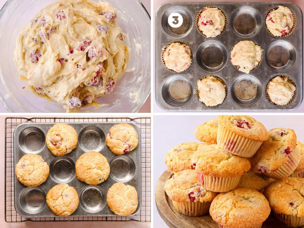 Use a 3 tablespoon sized cookie scoop to scoop the muffin batter into each of the muffin liners, alternating every other cup. Bake the muffins at 425 F (205 C) for 8 minutes, then reduce the temperature to 375 (190 C) and bake an additional 8 - 12 minutes. Do not open the oven door to reduce the temperature. The muffins will bake for about 16 - 20 minutes total. The muffins are done when a toothpick inserted into the center comes about with a few moist crumbs or when a finger pressed gently into the center of the muffins quickly bounces back. Cool the lemon raspberry muffins in the muffin pan for 5 - 10 minutes. Carefully remove the muffins to cool to room temperature and enjoy.