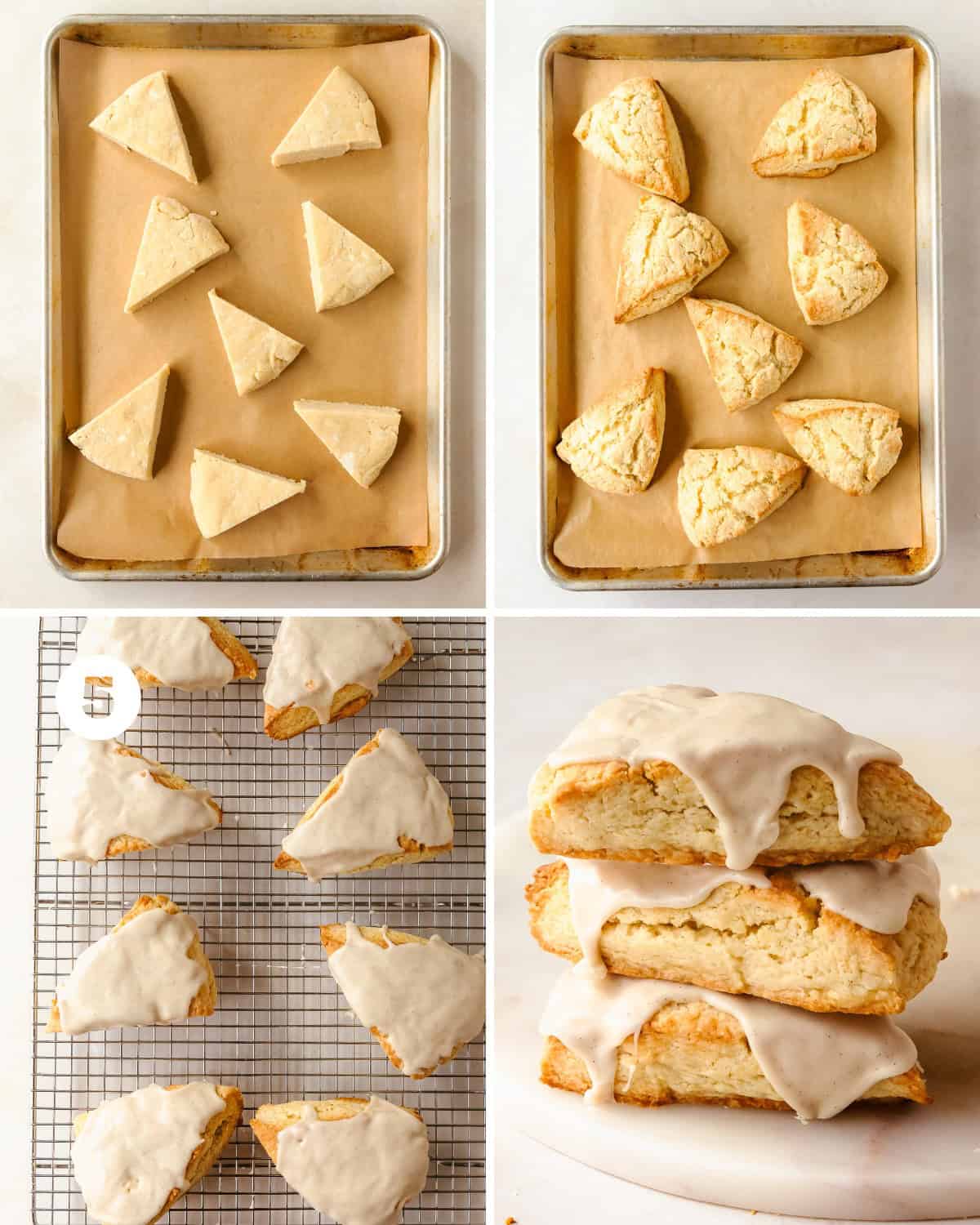 Make the vanilla scones even better by topping them with a creamy vanilla bean glaze. Mix powdered sugar, vanilla bean paste and heavy cream to your desired consistency. Then drizzle the glaze on the cooled scones and enjoy.