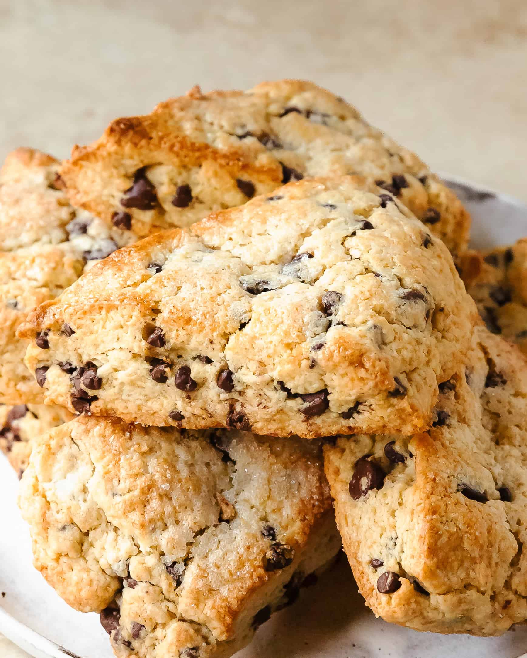 Chocolate chip scones are warm, buttery, soft and tender bakery style scones filled with melty chocolate chips. They're the best, easy to make treat.