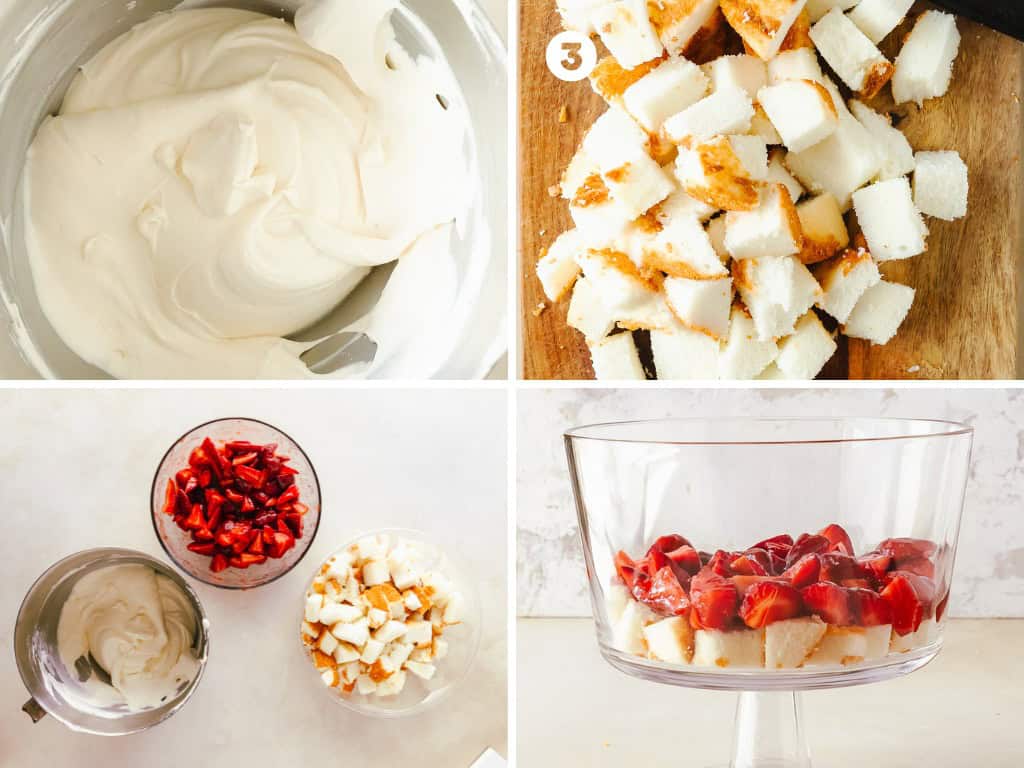 Gather the cream filling and the strawberry sauce when you are ready to assemble. Cube the homemade or store bought angel food cake into bite sized cubes.