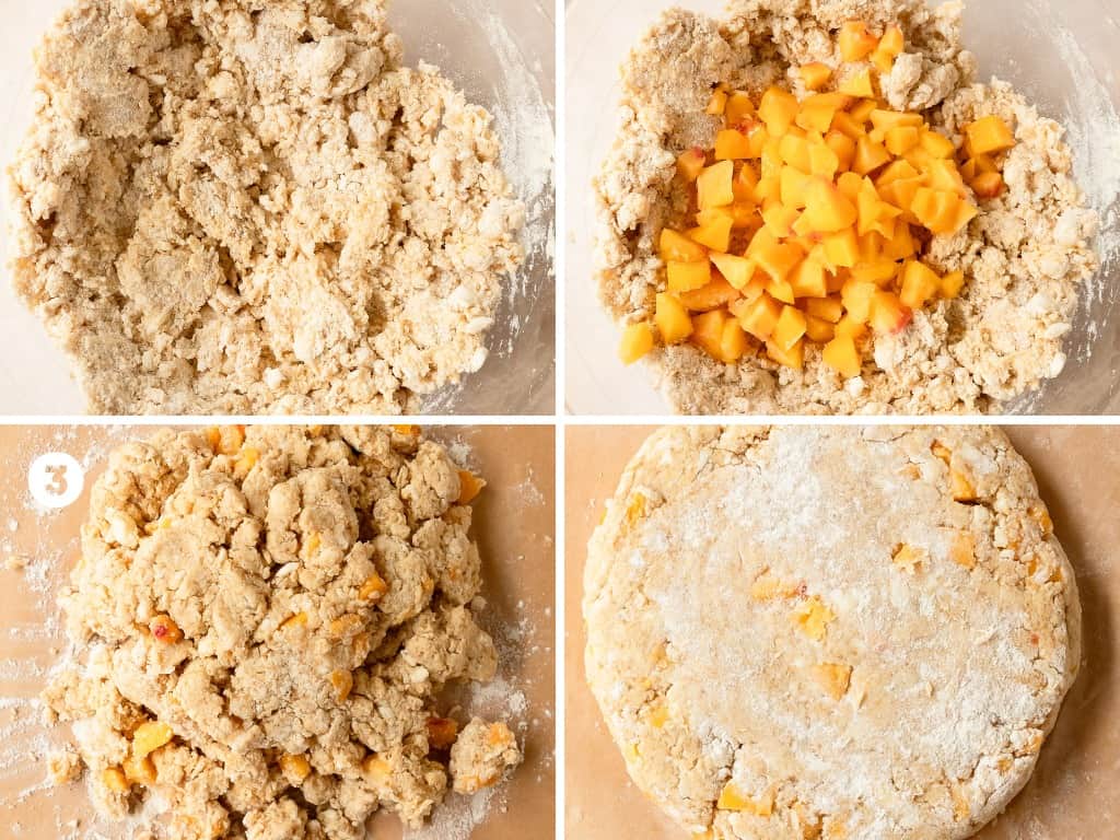 Transfer the peach scone dough onto a lightly floured surface and gently shape the dough into a ball. Gently knead the scone dough by pressing down on the dough from middle to edges to form a disk. Fold in half. Repeat gently pressing the dough back into a round disk. Shape into a 7 - 8 inch disk that’s about 1 inch thick. Place the disk onto a parchment lined baking sheet or plate to chill in the freezer for 20 - 30 minutes. While the scones chill in the freezer, preheat the oven to 425 F (218 C).