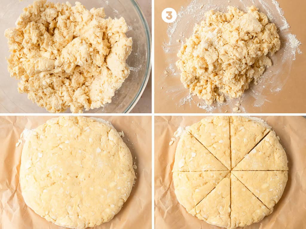 Transfer the dough onto a lightly floured surface and gently shape the dough into a ball. Gently knead the scone dough by pressing down on the dough from middle to edges to form a disk. Fold in half. Repeat gently pressing the dough back into a round disk. Shape into a 7 - 8 inch disk that’s about 1 inch thick. Place the disk onto a parchment lined baking sheet or plate to chill in the freezer for 20 - 30 minutes. While the scones chill in the freezer, preheat the oven to 425 F (218 C).