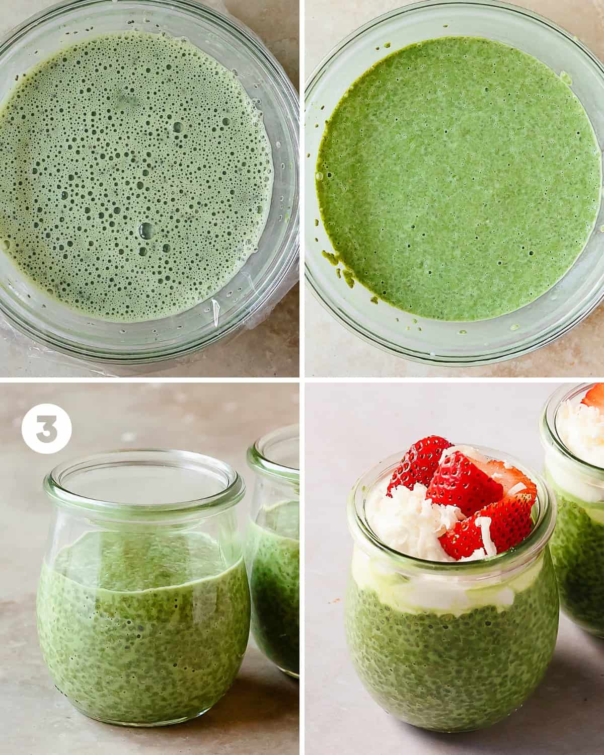 Once the strawberry chia pudding has set and thickened for 1 hour, transfer the mixture into your preferred serving dishes. Cover and return to the fridge for another 1 - 2 hours or for up to 5 days. Before serving, top with your preferred toppings and enjoy.