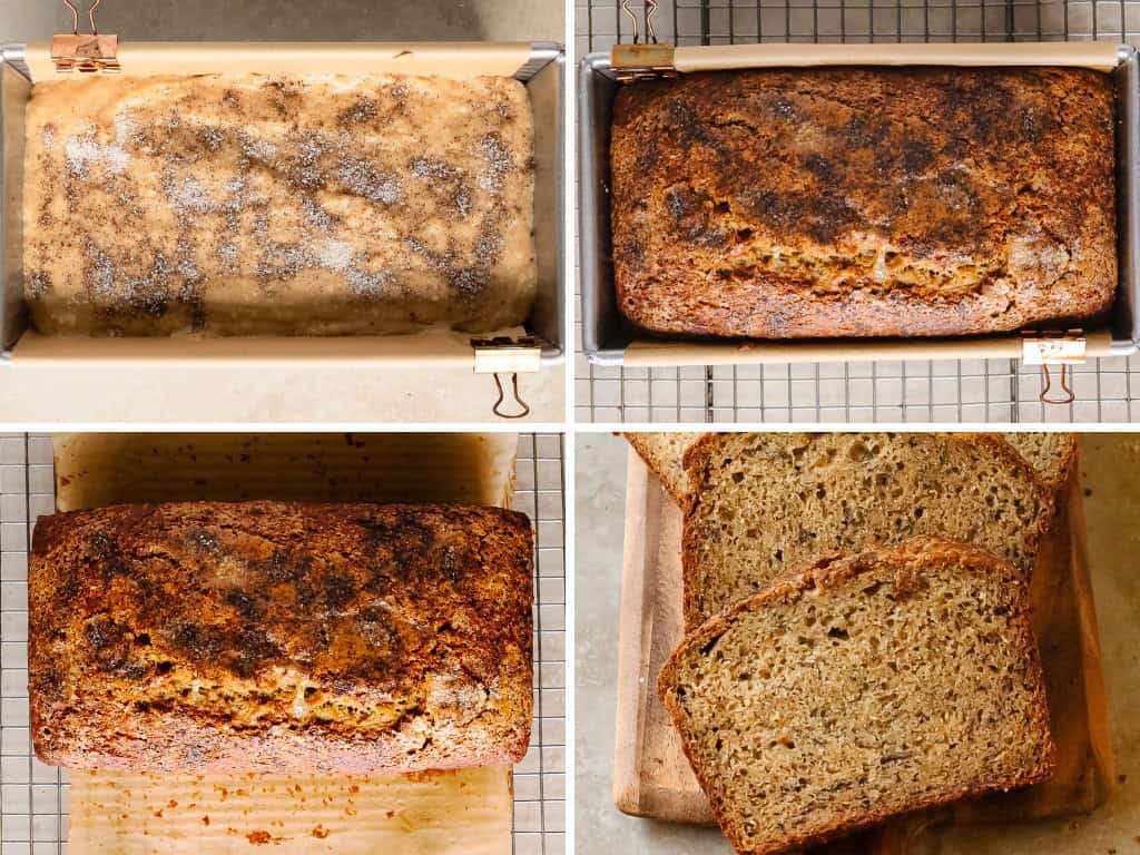 Evenly pour the banana cottage cheese bread batter into the prepared pan. Top with a sprinkle of sugar or ¼ cup chopped nuts if you like. Bake the banana bread for 40 - 50 minutes or until a toothpick inserted into the center of the bread comes out with a few moist (not wet or gummy) crumbs. Cool the banana bread with brown butter in the loaf pan for 15 - 20 minutes. Use the parchment sling to lift the bread out of the pan. Fully cool the protein banana bread for at least an hour at room temperature, slice and enjoy.