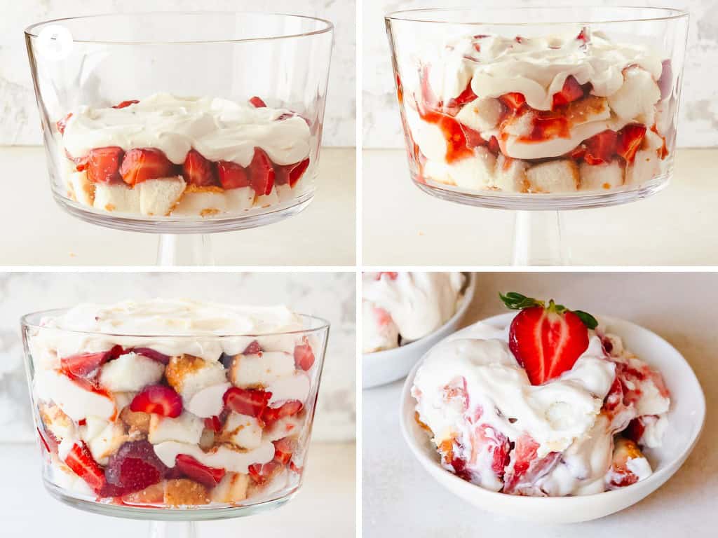 To assemble the trifle add about ? of the cubed cake into the bottom of the bowl. Top with about ? of the strawberry sauce, followed by ? of the creamy cream cheese whipped cream filling. Repeat with the remaining layers, ending with the cream cheese filling. If you have some leftover strawberries, top the trifle with whole or sliced strawberries with the leaves left on. Serve the trifle straight from the bowl into serving bowls.