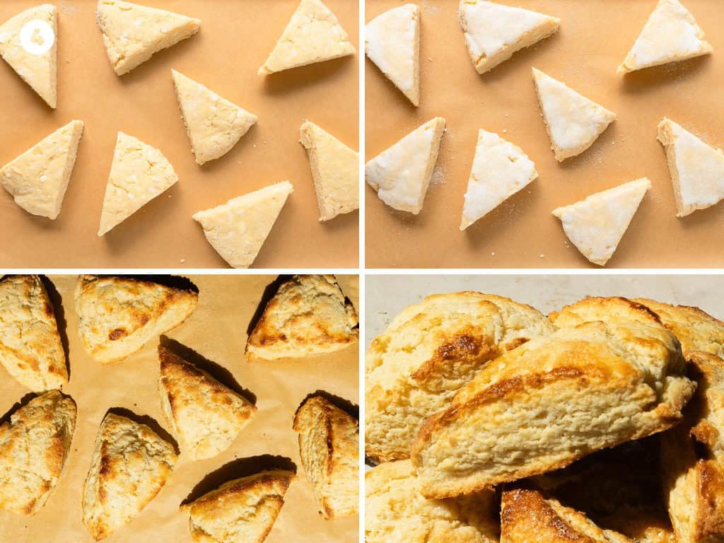 Remove the scones from the freezer and cut into 6 - 8 wedges using a dough scraper or long sharp knife. Space the scones about 2 - inches apart on a lined baking sheet. Bake in the oven at 425 F (218 C) for 14 - 16 minutes. The scones should be lightly golden brown and will be very fragrant. Allow scones to cool for 5 minutes on the baking sheet before transferring them to a cooling rack or serve warm. These scones would be especially delicious served with maple butter or whipped honey butter and warm fruit compote.