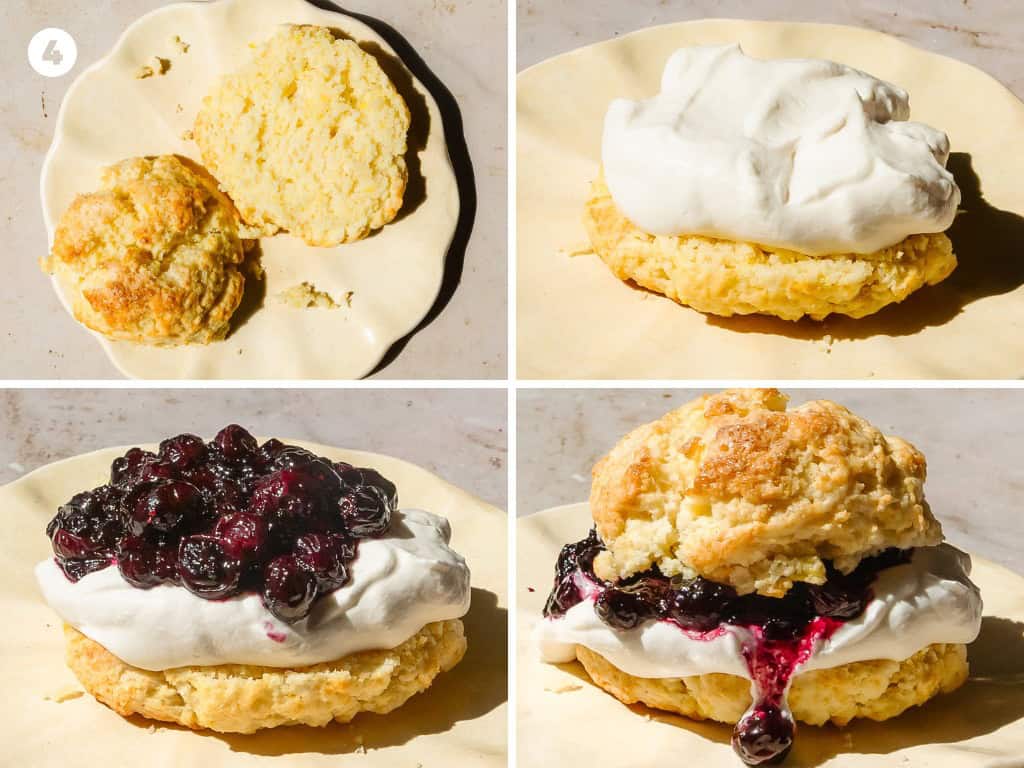 When it’s time to assemble the easy strawberry shortcakes, gently slice the biscuits in half to separate the top and bottom halves of the biscuits. Top the biscuit bottom with a generous dollop of whipped cream, followed by a generous scoop of blueberry jam. Top the jam with the top half of the biscuit. If you like, top the top of the biscuit with another dollop of whipped cream and a few fresh blueberries. Serve right away and enjoy.