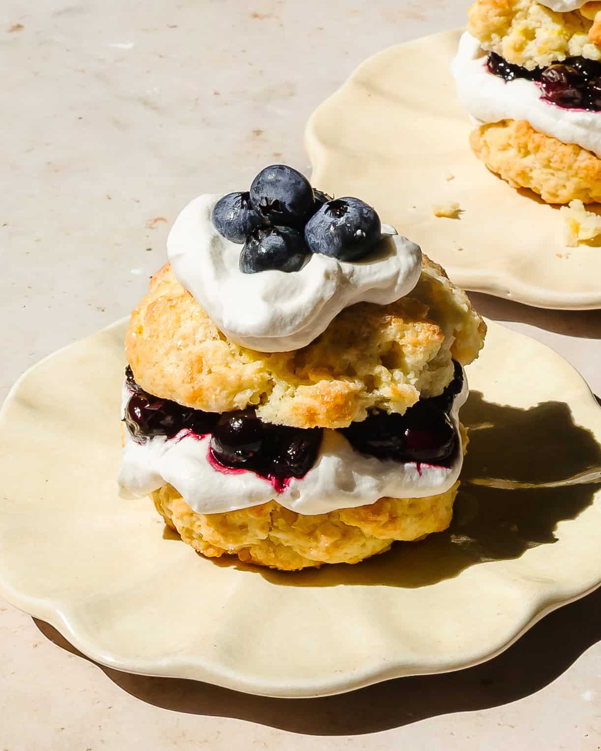 Fluffy blueberry shortcake layered with fresh juicy blueberries and soft whipped cream on a white plate.
