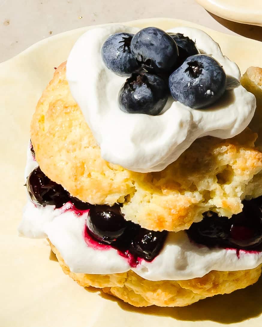 Classic blueberry shortcake plated beautifully with golden biscuit, jammy blueberries, and whipped cream.