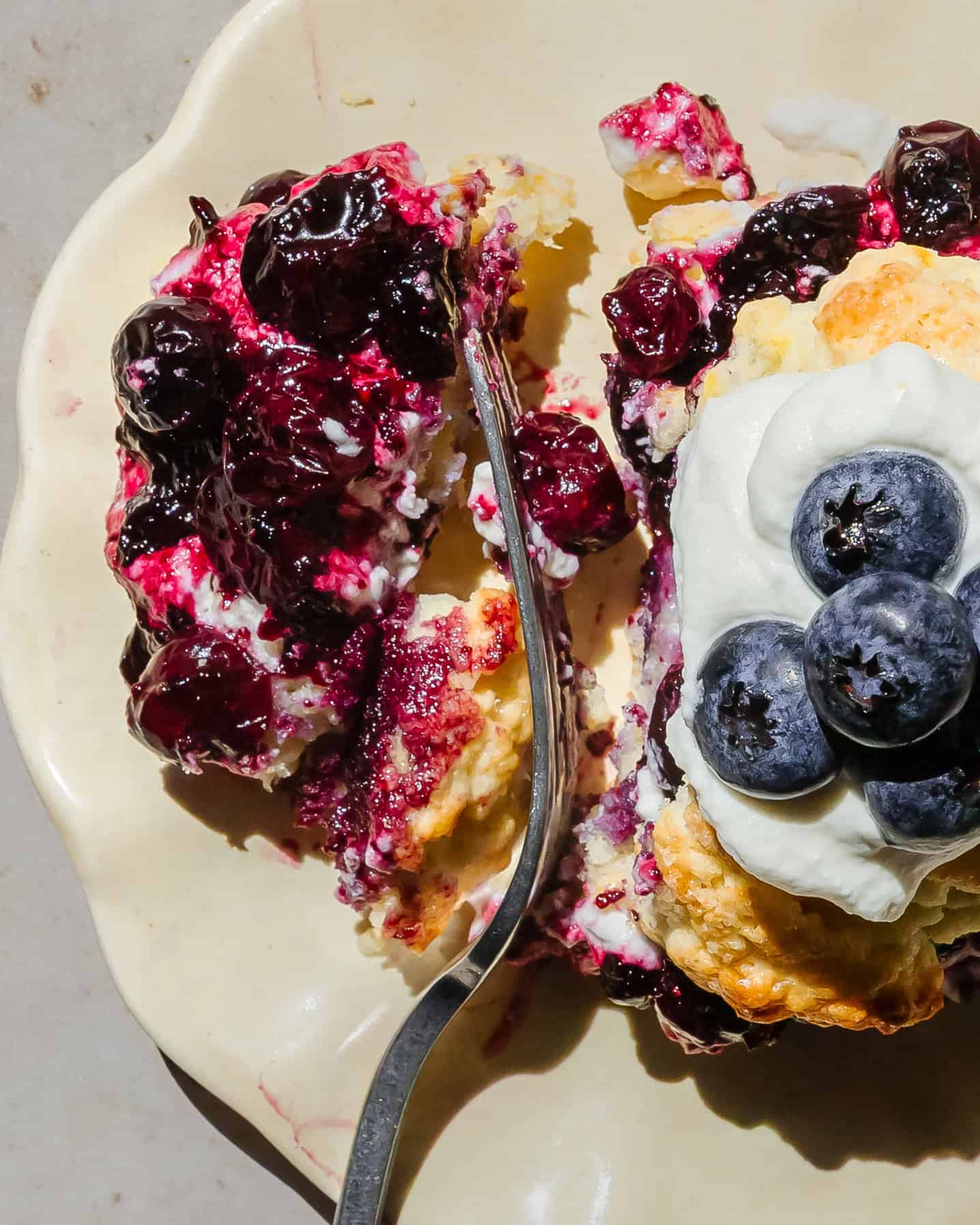 Close-up of a blueberry shortcake slice showing tender biscuit layers, jammy blueberry filling and airy whipped cream.
