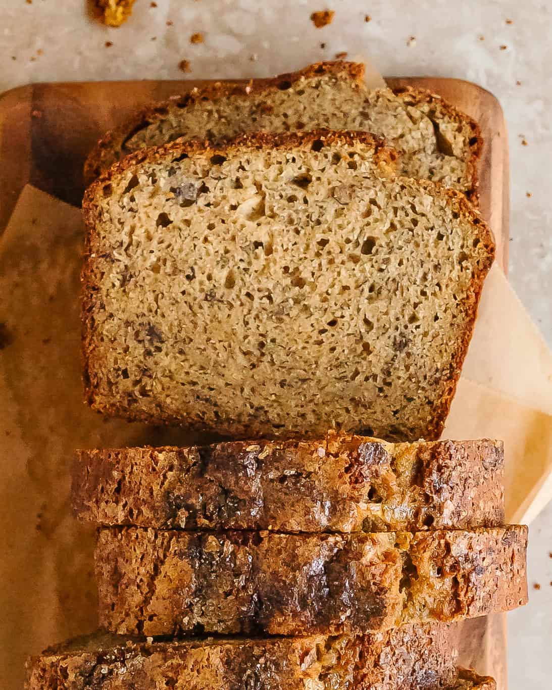 Close-up of soft banana bread made with cottage cheese.