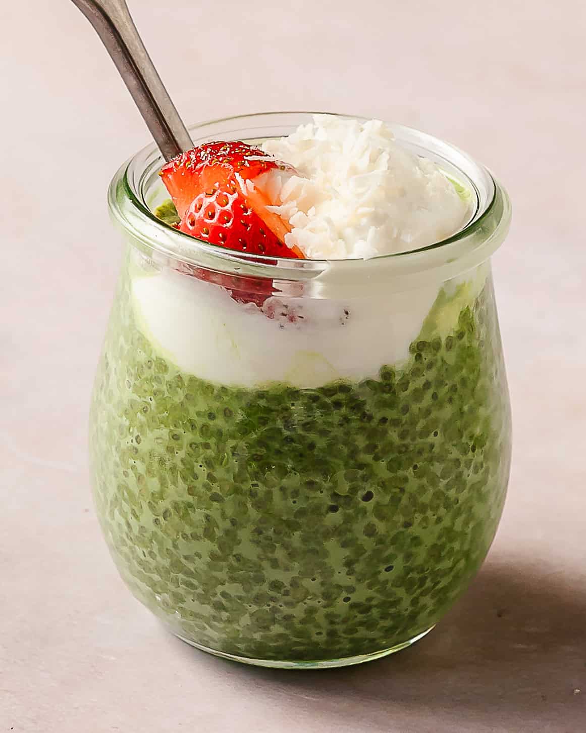 Homemade matcha chia pudding with a smooth texture and vibrant green color.