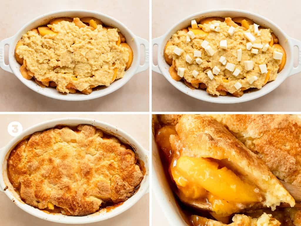 Bake the easy peach cobbler for 45 - 65 minutes or until the top is a beautiful golden brown and the peach filling is bubbling. If the top is browning too fast, top the dish with foil for the around 40 minutes of baking and until the dish is fully baked. Cool the cobbler for 20 - 25 minutes to allow the filling to thicken slightly. To serve, scoop the peach cobbler into a bowl, top with cold vanilla ice cream or whipped cream and enjoy.