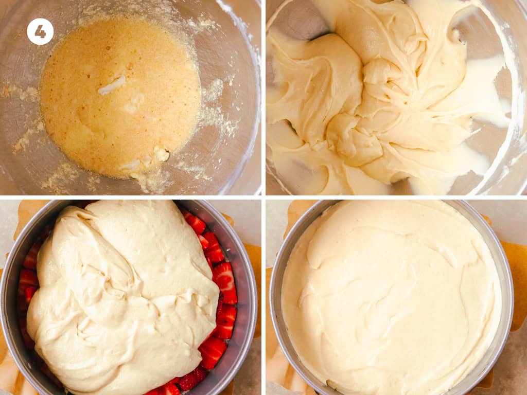 In a large mixing bowl fitted with paddle attachment, cream together the butter and sugar on medium speed for 3 -4 minutes. Scrape down the sides and bottom of the bowl. With the mixer on low, cream in the eggs and vanilla extract until well combined. Scrape the bottom and sides of the mixing bowl. Finally, with the mixer on low, alternate mixing the dry ingredients and buttermilk into the wet ingredients in this order: dry, buttermilk, dry, buttermilk, dry. Evenly spread the buttery cake batter into the prepared pan on top of the strawberries. Make sure to fully cover the strawberries with the cake batter.