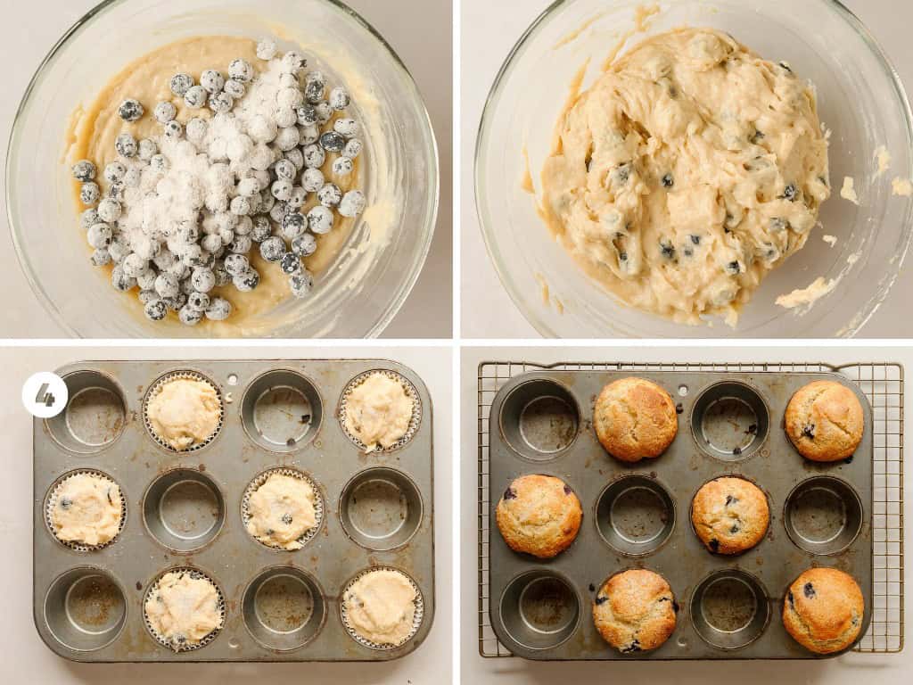 Use a 3 tablespoon sized cookie scoop to scoop the cottage cheese blueberry muffin batter into each of the muffin liners, alternating every other cup. Top with sparkling sugar if you like. Bake the blueberry cottage cheese muffins at 425 for 8 minutes. Then, without opening the oven door, reduce the temperature to 375 (290 C) for an additional 8 - 10 minutes. The muffins are done when a toothpick inserted into the center comes about with a few moist crumbs or when a finger pressed gently into the center of the muffins quickly bounces back.Cool the banana bread with brown butter in the loaf pan for 15 - 20 minutes. Cool the fluffy blueberry and cottage cheese muffins in the muffin pan for 5-10 minutes. Carefully remove the muffins to cool to room temperature and enjoy!